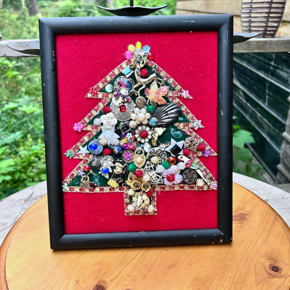 Vintag Christmas Tree Jewelry Collage Art Framed Red 8x10 Mid Century 1961 Decor